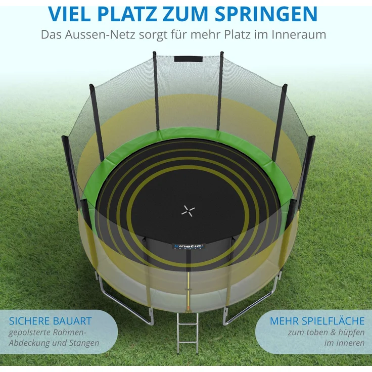 KINETIC SPORTS Trampolin Outdoor 'Salto Plus' - Komplett-Set für Kinder, USA Sprungtuch, Netz, Randpolster, Leiter, Grün-2, Ø 244 cm – Bild 5