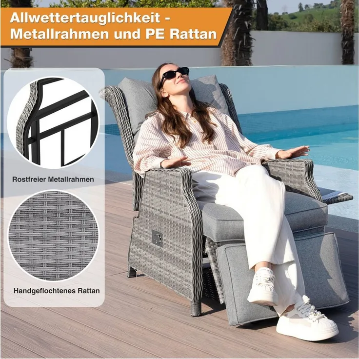 HOMECALL Rattanstuhl Gartensessel Indoor Verstellbar Liegestuhl Gartenliege balkonliege (Wetterfester Rahmen, klappbarem Beistelltisch und Fußstütze, 2 St), COMLAX FIELD