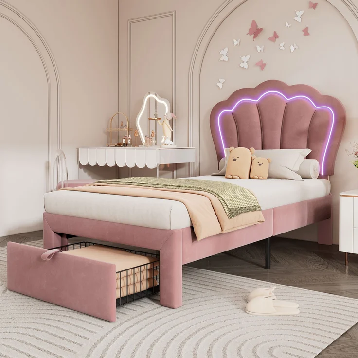 Kinderbett, Samt mit LED & Schublade, 90x190 cm, Rosa, ohne Matratze – Bild 4