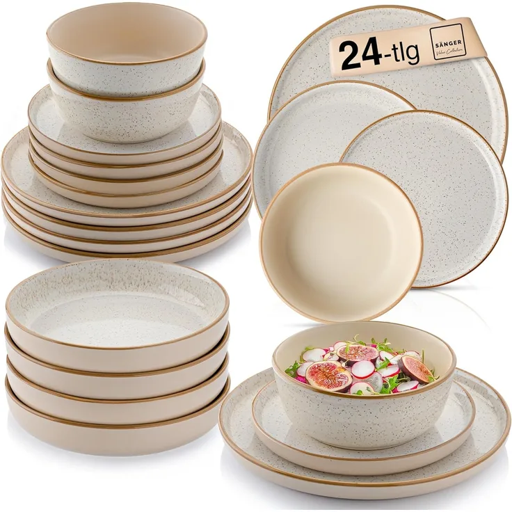 SÄNGER Steingut Geschirrset Rio Creme, Tafelservice 24 teilig für 6 Personen