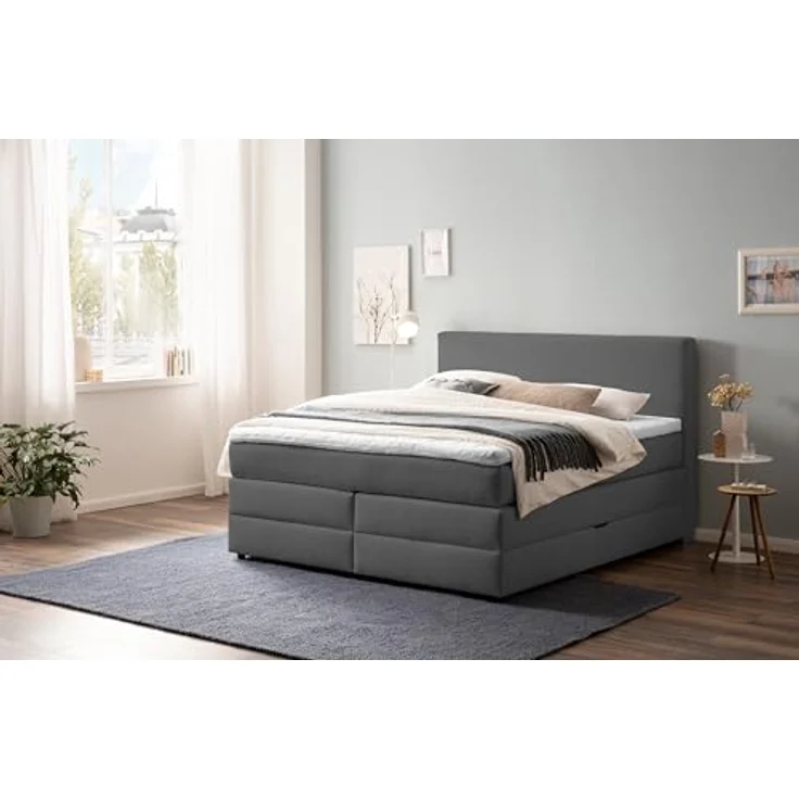 Belanoti Boxspringbett LOFT (Boxspringbett 160x200 mit Bettkasten, 7-Zonen Taschenfederkern Matratze inklusive Visco Topper), Bett 160x200 in der Farbe Anthrazit H2/H3 Polsterbett – Bild 2