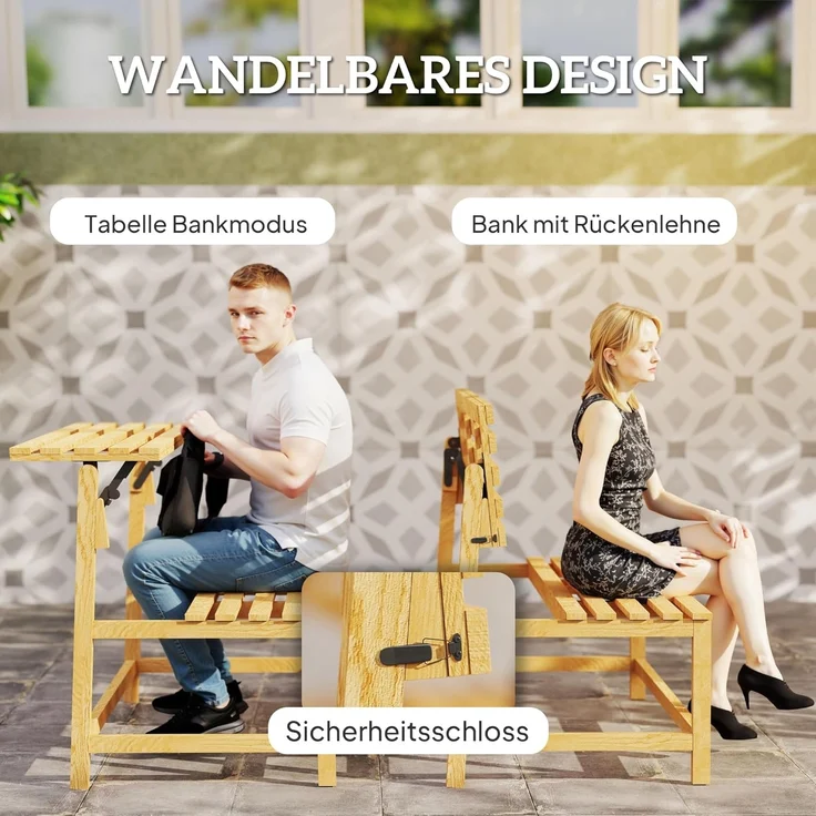 Outsunny Bank 2-Sitzer, UV-Beständig, mit Umwandelbare Rückenlehnen (wetterfest Sitzbank, 1-St, Gartenbank Holz), 240kg belastbar, für Balkon Terrasse, Garten, 110x61x89cm, Teak – Bild 4