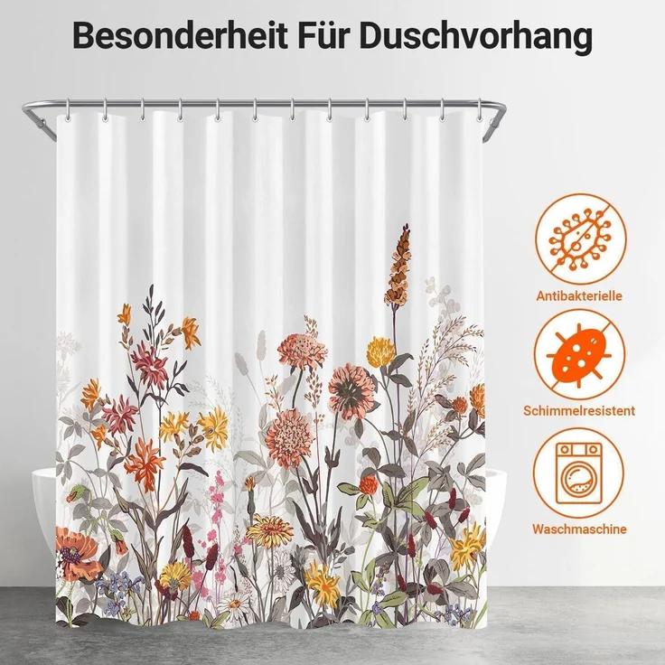 Duschvorhang Mischblumen 180x160cm Wasserabweisend 12 Ösen Badezimmer H160cm – Bild 7