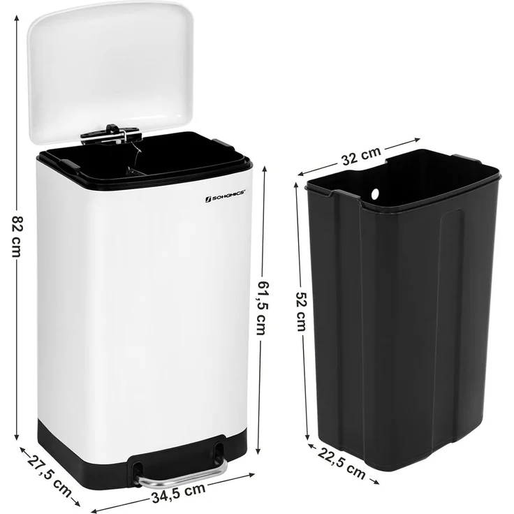 Songmics Mülleimer mit Inneneimer und Deckel, Softclose, luftdicht, Stahl, 30 Liter, Weiß – Bild 5