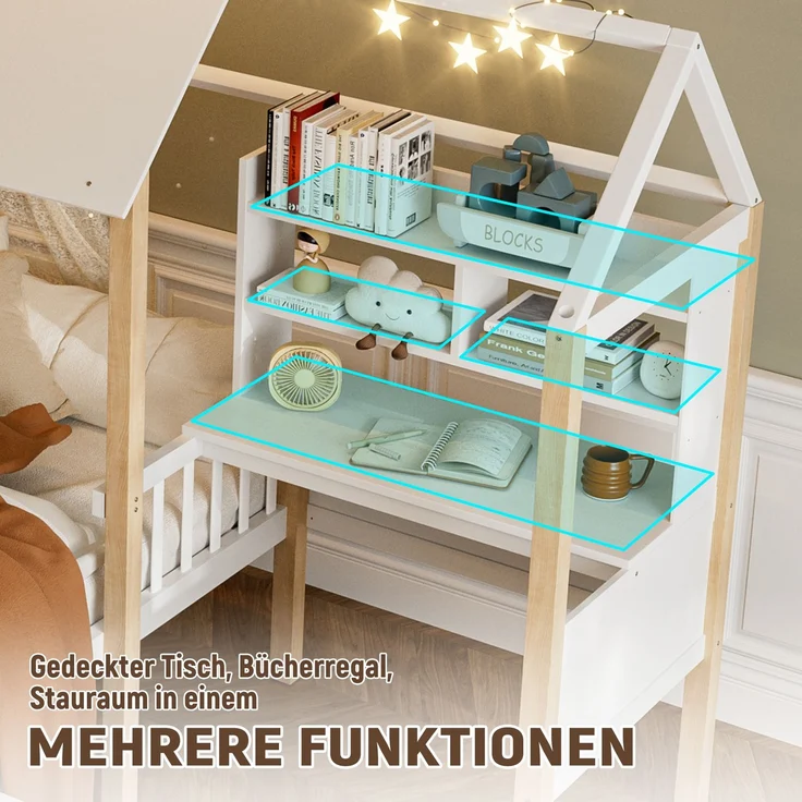 Kinderbett 90x200cm Weiß-Hellbraun Massivholz mit L-förmigem Schreibtisch, Bücherregal, Rollschubladen und Rausfallschutz – Bild 8