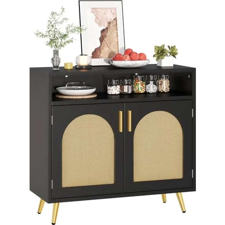 YITAHOME Sideboard mit Rattandekor, Aufbewahrungsschrank, Buffet-Schrank für Esszimmer, Schlafzimmer, Wohnzimmer als Medieneinheit, Küchenschrank-Aufbewahrung, Flur-Konsole, B80 cm × T35 cm × H75 cm – Bild 2