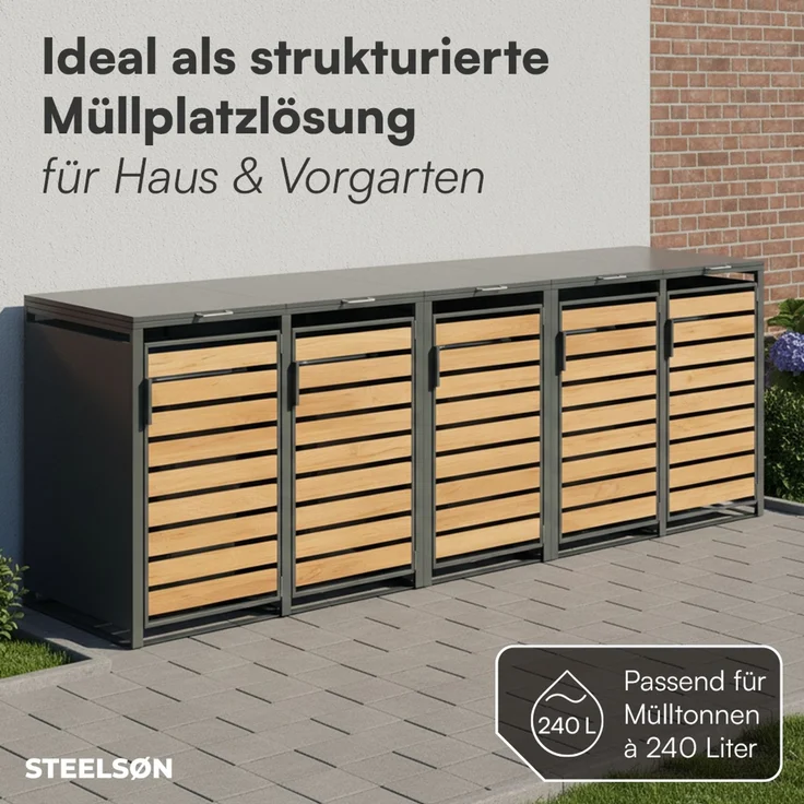 STEELSØN 'Kestra' Mülltonnenbox 5er je 240 Liter, anthrazit mit Holzoptik, Mülltonnenverkleidung aus Stahl, wetterfest, 116x80x337 cm, Müllbox für 5 Tonnen – Bild 3
