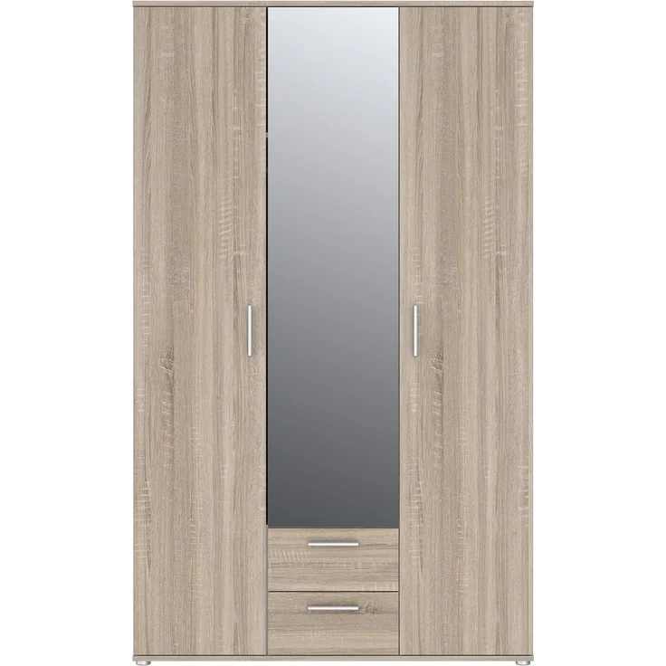 Forte Nano Kleiderschrank 120, Drehtürenschrank mit 2 Schubladen, Einlegeböden und Spiegel, Holzwerkstoff, Sonoma Eiche Dekor, 121 cm breit, 200,1 cm hoch, 54 cm tief – Bild 3