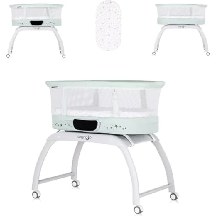 Chipolino Beistellbett Sogno 2 in 1, elektrisches Babybett mit Spieltisch, Fernbedienung, LED-Touchscreen und Schaukelfunktion, grau