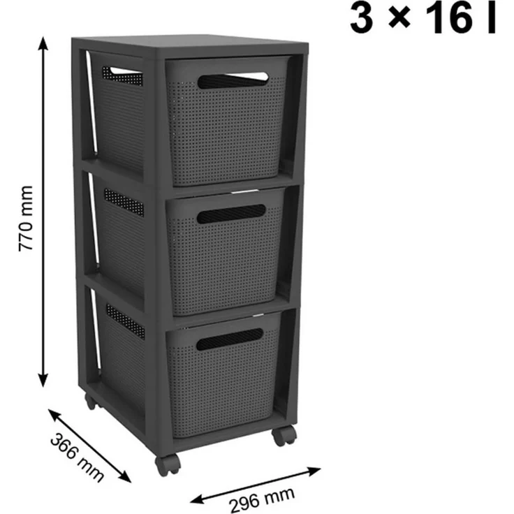 Rotho Brisen Rollcontainer auf Rädern mit 3 Aufbewahrungskörben 3x 16L Schubladen Schubladen-Box Lochmuster-Optik Aufbewahrungsbox aus Kunststoff 36,6 x 29,6 x 77 cm (Anthrazit) – Bild 2