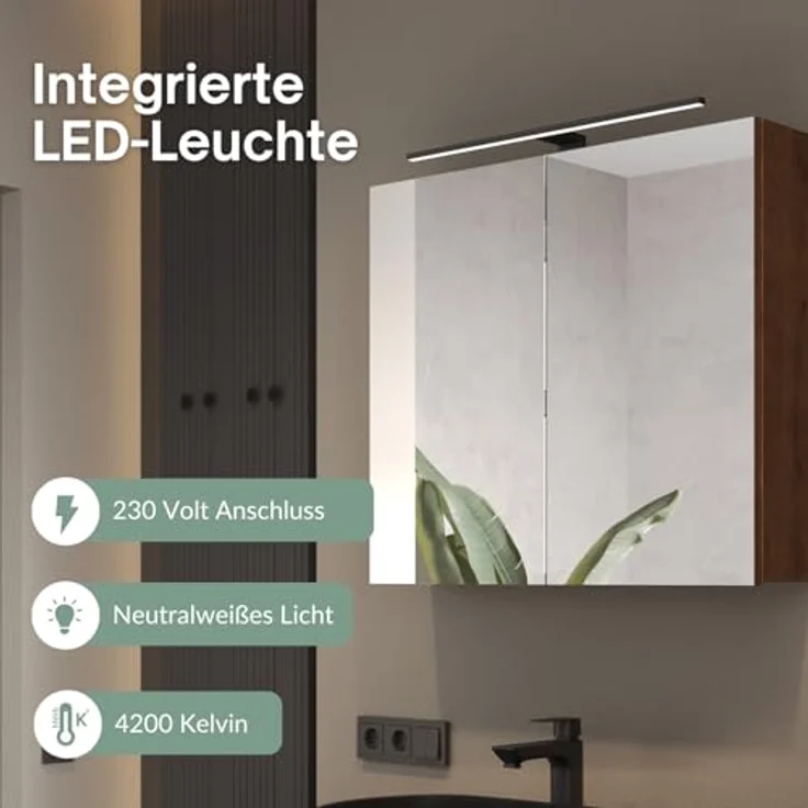 Planetmöbel ARIA Spiegelschrank Bad mit Beleuchtung 80 cm breit | Badschrank hängend mit Spiegel | Gold Eiche, mit Leuchte und Steckdose, Spiegelschrank Gäste WC 80 x 70 x 16 cm – Bild 7