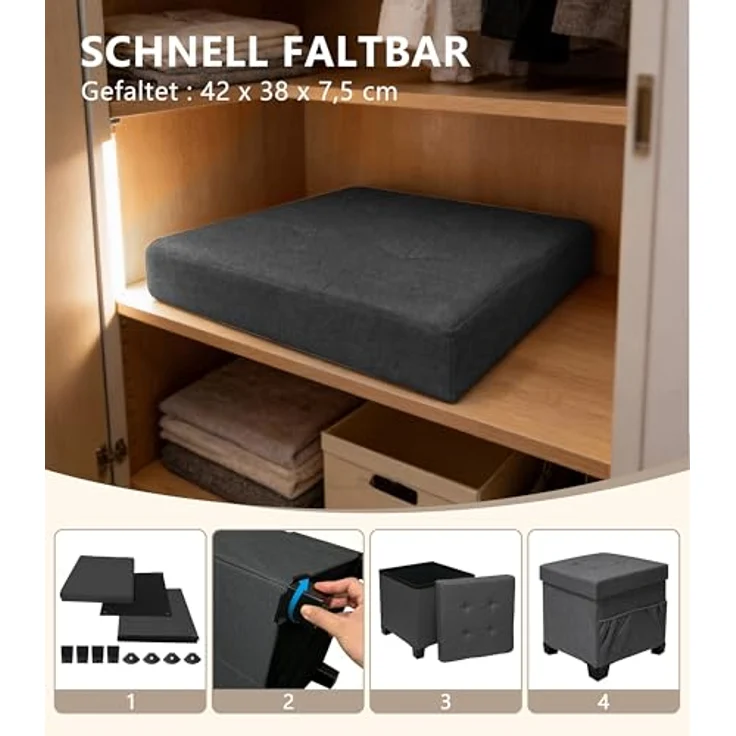 Zedelmaier Sitzhocker mit Stauraum, Hocker mit Beinen,Aufbewahrungsbox mit Deckel,Fußhocker, bis 150 kg belastbar, für Eingang, Wohnzimmer, Schlafzimmer (Dunkelgrau) – Bild 6