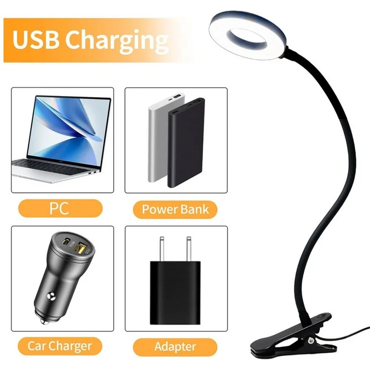 LQWELL LED Klemmleuchte Ringlicht, Clip-On, 3 Farben, dimmbar, emmleuchten Leselampe Buch, LED fest integriert, 3000K Warmweiß, 4500K Naturweiß, 6500K Kaltweiß, flexibler Schwanenhals, USB, Schlafzimmer Deko – Bild 3