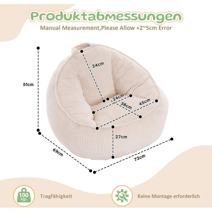 Sitzsack 69cm×72cm×51cm aus Kord in Beige – weich, ergonomisch und pflegeleicht – Bild 8