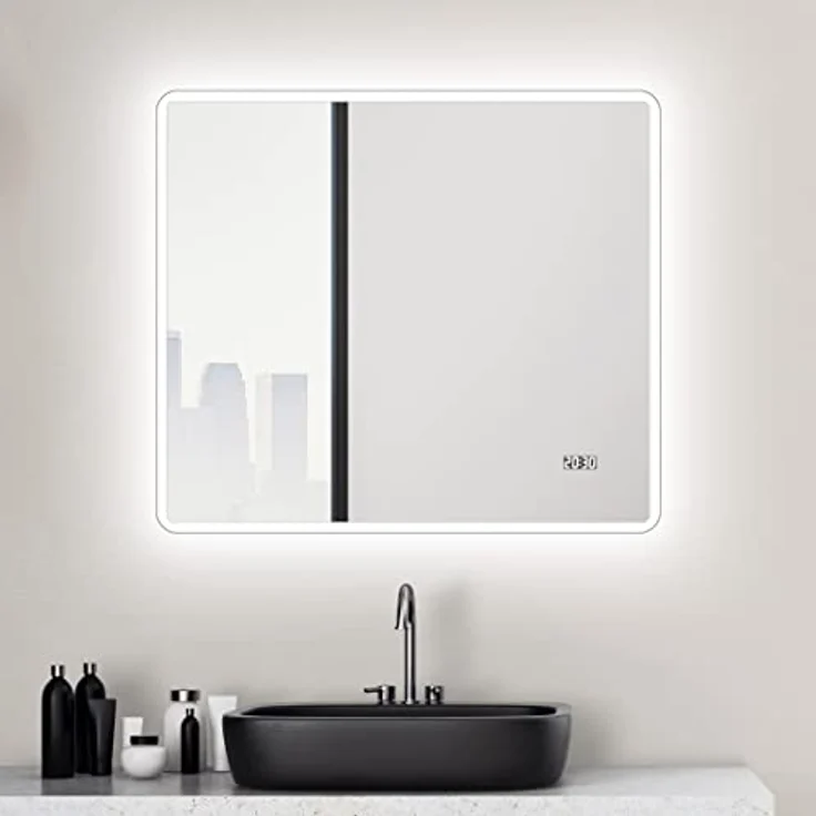 Talos Sun LED Badspiegel, 80x70 cm, mit Lichtumrahmung und Digitaluhr, Aluminiumrahmen in gebürsteter Stahloptik – Bild 3