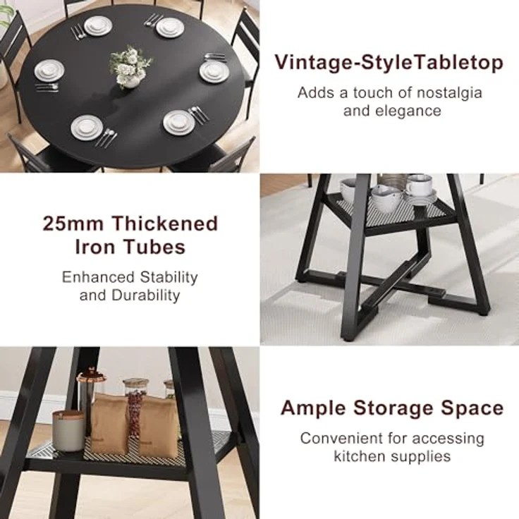 Jocoevol Esstisch Runder für 4-6 Personen, Esszimmertisch mit Ablage, platzsparender Küchentisch aus Holz im Industrial Design (Schwarz, 130x130x76cm) – Bild 6