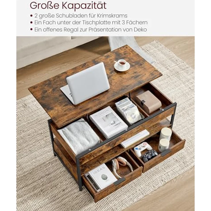 VASAGLE Couchtisch, höhenverstellbarer Wohnzimmertisch, Kaffeetisch, mit Schubladen, offenes Fach, 50 x 100 cm, vintagebraun-tintenschwarz LCT209K01 – Bild 6