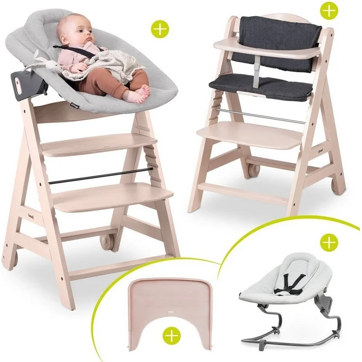 Hauck Hochstuhl Beta Plus Whitewashed - Newborn Set Premium (Set), Babystuhl ab Geburt mit Neugeborenen Aufsatz, Sitzpolster & Essbrett – Bild 1