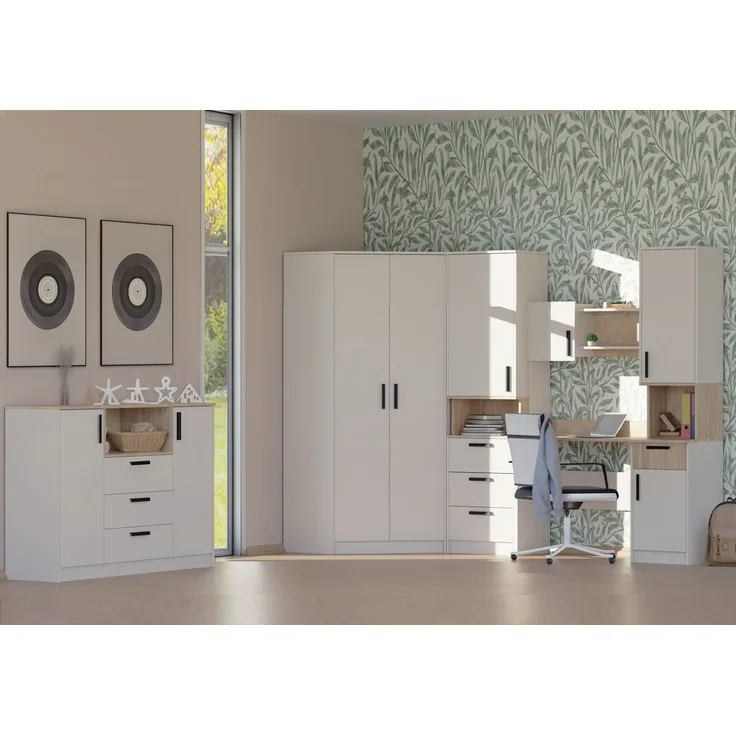 Marmex Möbel Grant Set-27C Jugendzimmer mit Schreibtisch und Eckschrank, Moderne Jugendmöbel mit Kommode, laminierte Spanplatte, graubeige cashmere+cremona torro