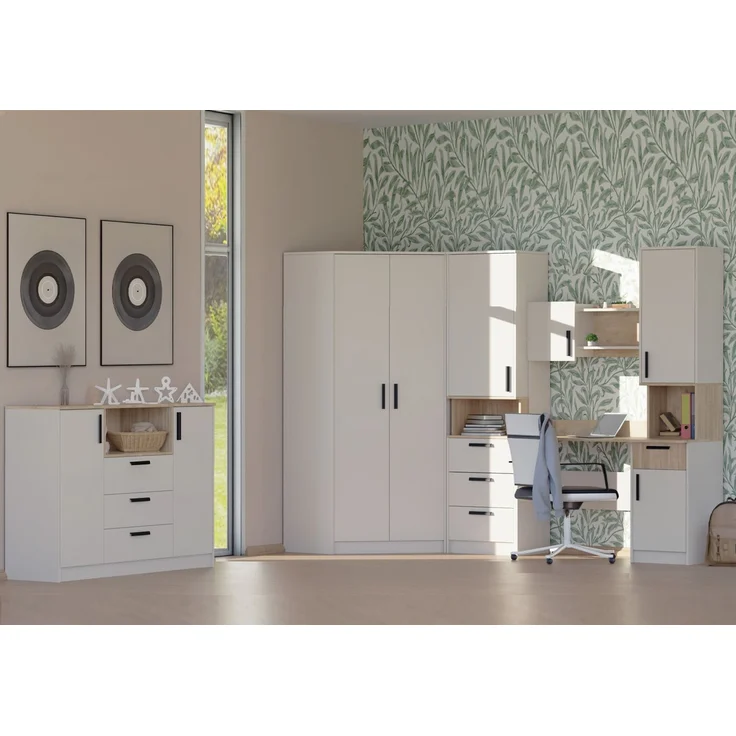 Marmex Möbel Grant Set-27C Jugendzimmer mit Schreibtisch und Eckschrank, Moderne Jugendmöbel mit Kommode, laminierte Spanplatte, graubeige cashmere+cremona torro – Bild 1