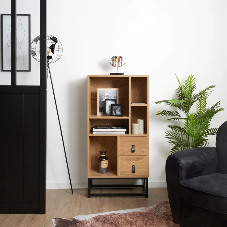 CaliCosy Bücherregal mit 2 Schubladen 5 Ablagen H120 cm - Helles Holz – Bild 2