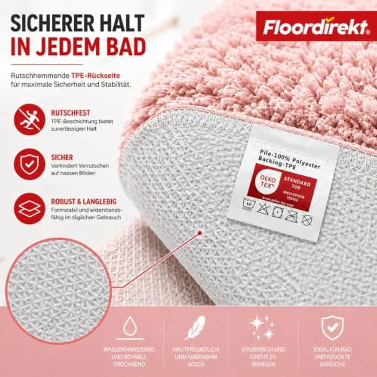 Floordirekt Badematte Sky, weicher Hochflor, rutschhemmend & schnell trocknend, geeignet für Fußbodenheizung, eckig & rund (50 x 80 cm, Rosa) – Bild 5