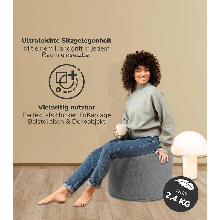 mokebo® Nachhaltiger Indoor Pouf 'Der Ruhepouf', aus Recyclingstoff, runder Sitzpouf & Beistelltisch mit EPS-Perlen Füllung, Made in Germany | Recyclingstoff in Grau – Bild 2