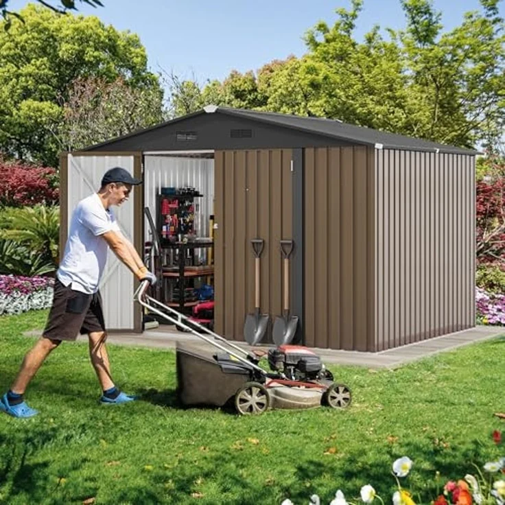 DWVO Großes Metall Gerätehaus 3x2,4 m, Stabiler Werkzeugschuppen für Garten, Terrasse & Hof, Ideal für Fahrräder, Gartengeräte & Rasenmäher, Wetterfest & Abschließbar, Braun – Bild 2