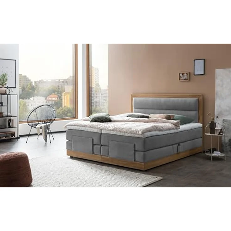 Belanoti Boxspringbett MODELA (Boxspringbett 180x200 elektrisch verstellbar Bett 180x200 mit Motor, 7-Zonen Taschenfederkern Matratze inklusive Visco Topper), in der Farbe Hellgrau H2/H3 Polsterbett Motorbett mit Eiche – Bild 2