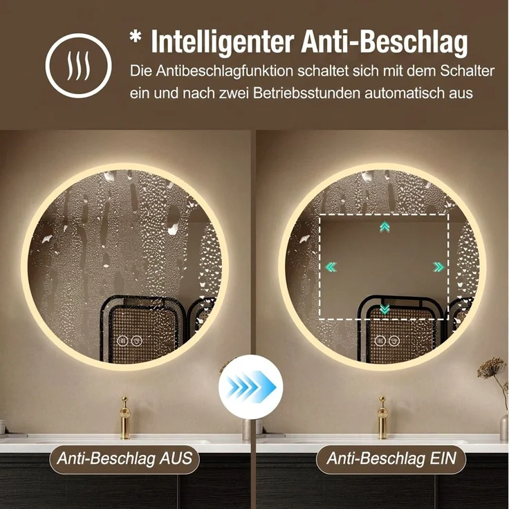Abrihome LED-Badezimmerspiegel mit 3 Farbtemperaturen, Dimmfunktion und Anti-Beschlag-Funktion, Silber, Ø 80 cm – Bild 7