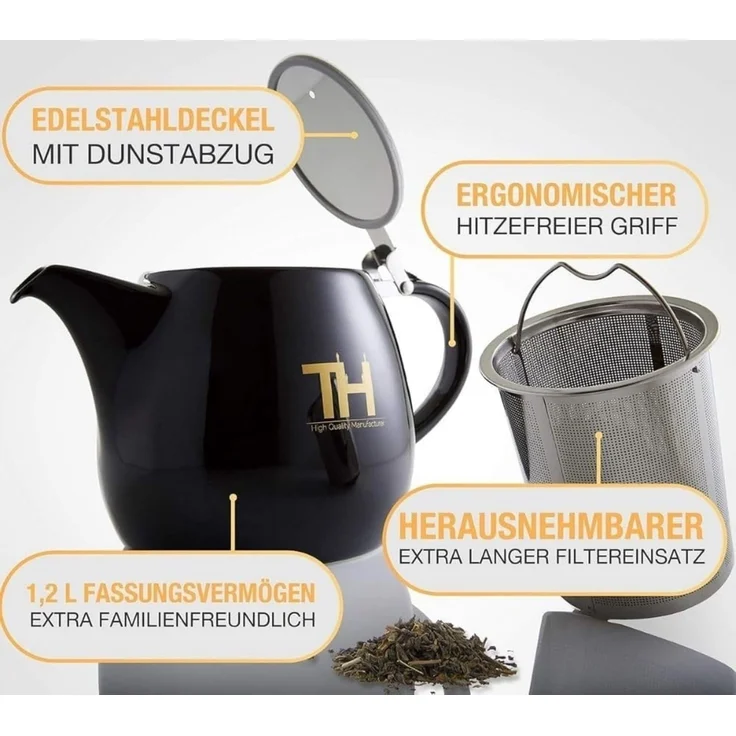 Thiru Teekanne mit Stövchen Porzellan, inkl. Edelstahl Siebeinsatz, 1.2 l, (Hitzebeständiges Porzellan aus Handarbeit), Innovative Mundform für leichtes Ausschenken – Bild 5
