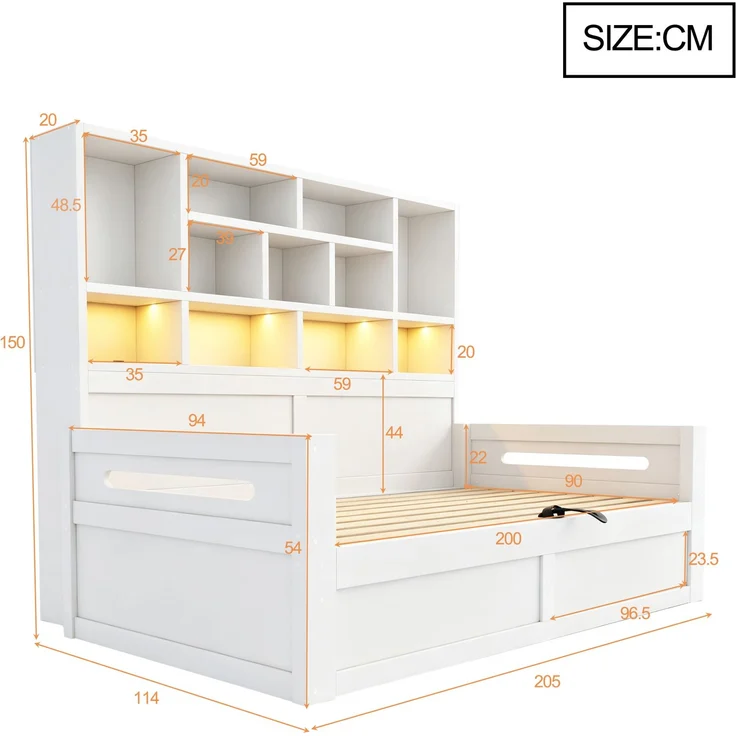 Schlafsofa aus Holz, 90 x 200 cm, Multifunktionaler Stauraum mit LED-Beleuchtung, Hydraulisches Staufach, Einzelbett, Jugendbettgestell mit Steckdosen, Weiß – Bild 7