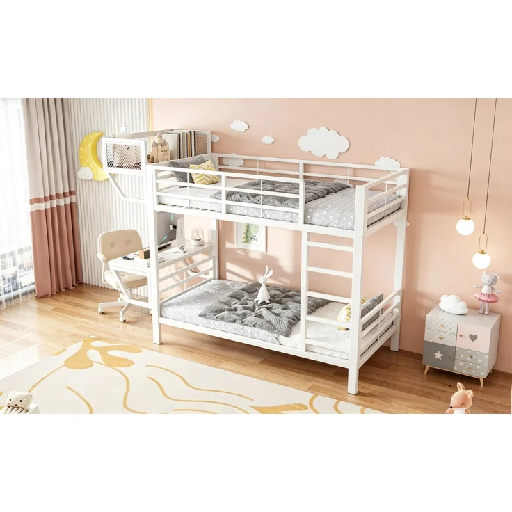 ZUBALIYA Metall-Etagenbett (90 x 200 cm) mit Schreibtisch und Ablagefächern, Lattenrost, platzsparendes Hochbett für Kinder, Jugendliche und Erwachsene, Weiß – Bild 14