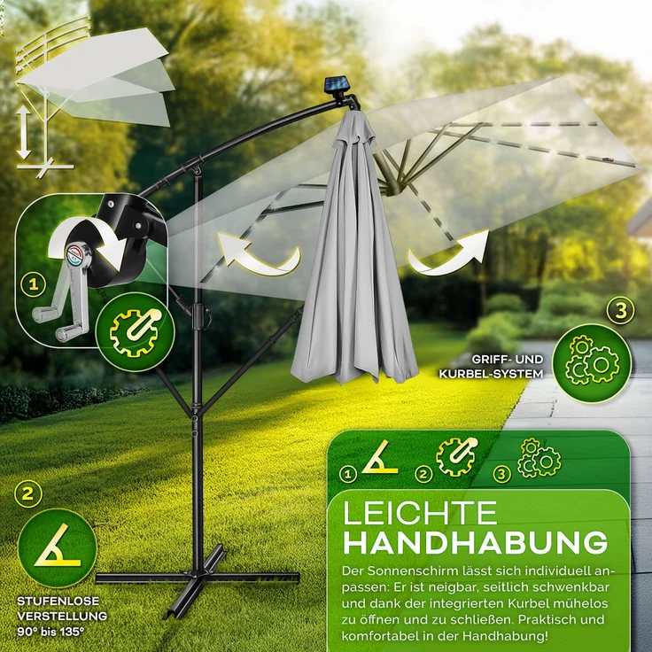 tillvex® Alu Sonnenschirm Rechteckig Ø 330 cm mit LED Solar Grau + Abdeckung mit Kurbel | Ampelschirm mit Ständer & Windschutz | Gartenschirm UV-Schutz, wasserdicht, 360° drehbar | Kurbelschirm Marktschirm – Bild 5