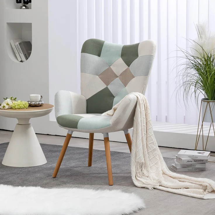 MEUBLE COSY Sessel Relaxsessel Lehnstühle Polstersessel Einzelsofa mit Holzbein Ohrensessel für Wohnzimmer Schlafzimmer Büro Vanity, Patchwork – Bild 2
