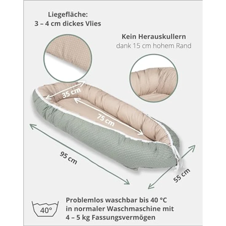 ULLENBOOM Babynest - 100% OEKO-TEX Materialien & Made in EU, Blätterzauber - Babynestchen Neugeborene aus kuscheliger Baumwolle, Ideal als Reisebett & Kuschelnest geeignet – Bild 3