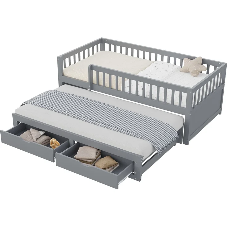 EINHOM Massivholz-Schlafsofa 90 x 200 cm, Vollverkleidetes Sicherheitsgitter, Ausziehbares Bett mit 2 Schubladen Darunter, mit Lattenrost, Kinderbett Jugendbett Gästebett Erwachsene, Grau (Ohne Matratze) – Bild 6