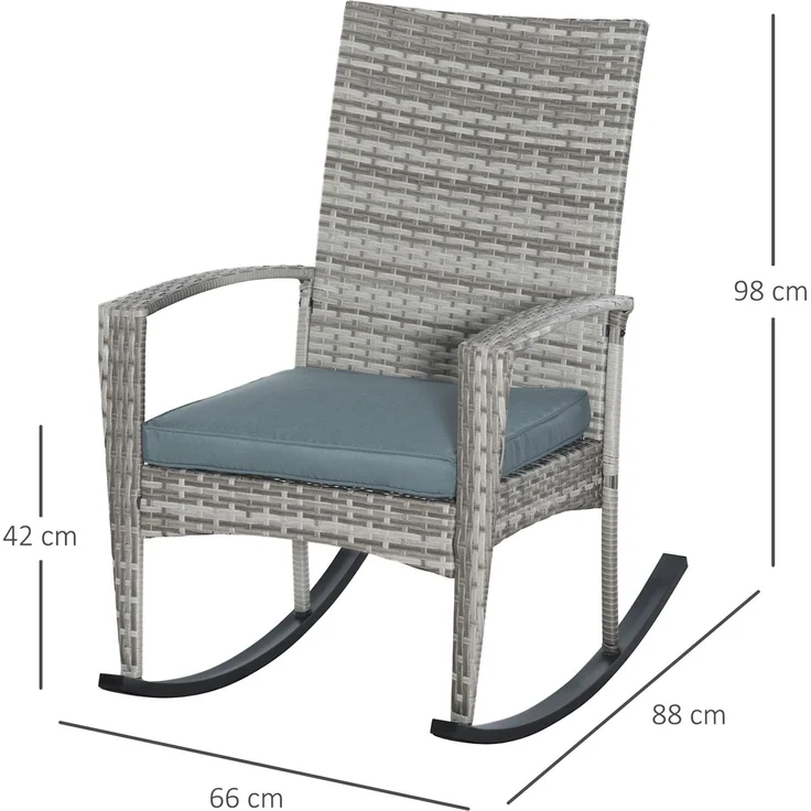 MELAYR, Schaukelstuhl Schwingsessel Gartenstuhl mit Kissen, Polyrattan+Metall, Grau, 66 x 88 x 98 cm – Bild 5