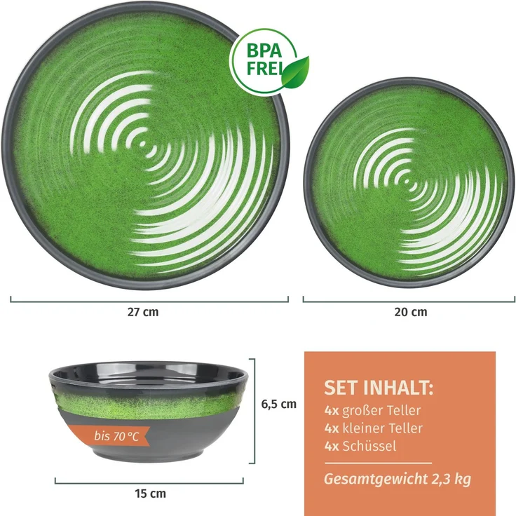 Moritz Camping Tafelgeschirr aus Melamin für 4 Personen 12-teilig | spülmaschinenfest | Picknick Geschirrset | Geschirr Campinggeschirr I Stone Green Design – Bild 2
