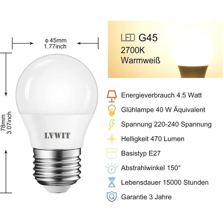LVWIT E27 LED Lampe ersetzt 40W Glühlampen (6-er Pack), Warmweiß 2700K, 4.5W G45 LED Leuchtmittel, 470lm, matt – Bild 3