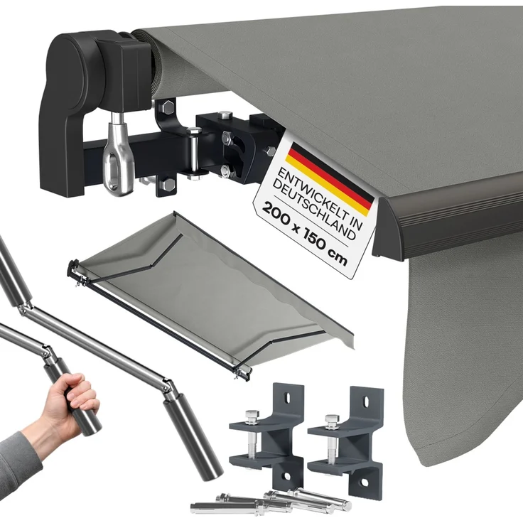 STEELSØN 'Kestria' Gelenkarmmarkise 200x150 cm, grau, wetterfest und blickdicht, Markise mit Aluminium-Kassette und Wandhalterung, Balkonmarkise mit Handkurbel, vormontiert – Bild 1