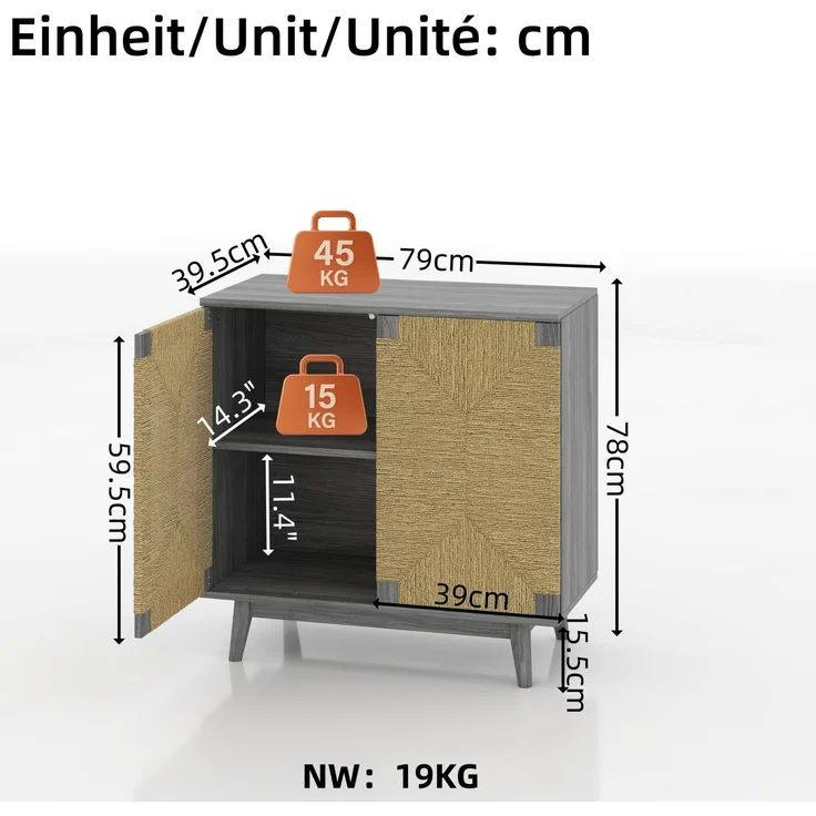 DESVIAE Sideboard Grau aus Holzwerkstoff – 79x78x39,5 cm – Papierseil-Geflecht, verstellbarer Fachboden – Bild 10