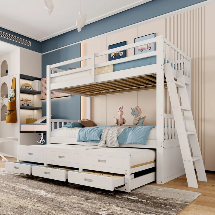 Etagenbett 90x200 cm mit Ausziehbett, 3 Schubladen, Kinderbett aus Kiefernholz und MDF, mit Treppe,Weiß – Bild 1
