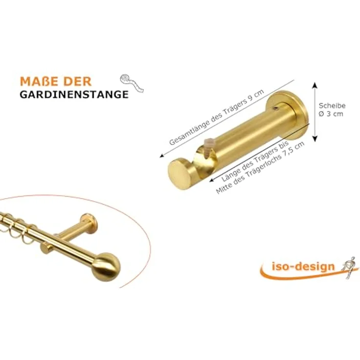 iso-design Gardinenstange 16 mm Farbe Messing Matt Endstück Kugel Wandmontage, Ø 16 mm, 1-läufig, Fixmaß, mit Bohren, Metall, Aluminiumrohr mit 2 mm Wandstärke – Bild 6