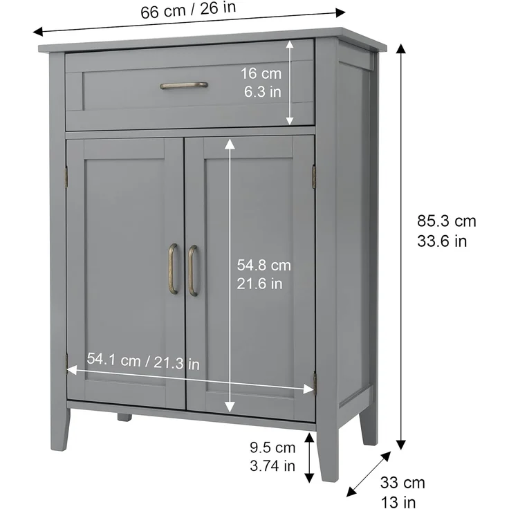 Teamson Home Mercer Holz Badezimmermöbel Boden Aufbewahrungsschrank Schublade & Verstellbare Regale Grau EHF-F0018 – Bild 6