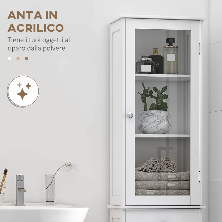 Platzsparende mobile Badezimmersäule mit Schrank, Schublade und Einlegeböden aus MDF, 40 x 27 x 171,5 cm, Weiß – Bild 7