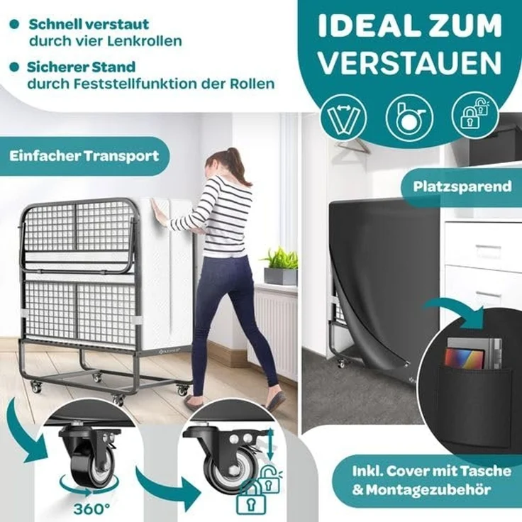 KESSER® Klappbett 200x90cm Gästebett inkl. Matratze aus Memory-Schaum & Rollen | faltbares Reisebett mit Metallrahmen für Erwachsene belastbar bis 250kg | Metallbett mit Schaumstoffmatratze & Cover Weiß, Deluxe Plus – Bild 4