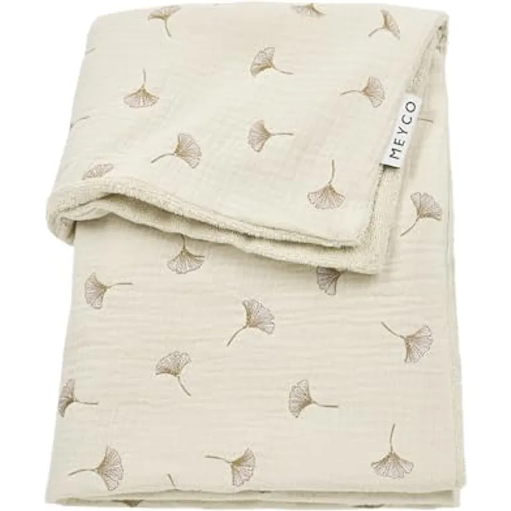 Meyco Kuscheldecke Musselin 75x100 cm, gesticktes Gingko-Motiv, Soft Sand, 100% Baumwolle, Oeko-Tex Standard 100