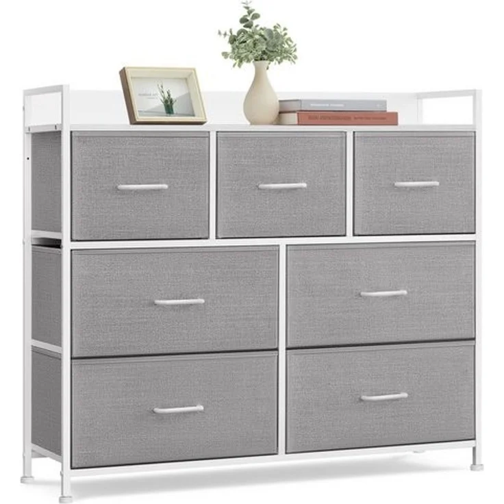 Songmics Kommode mit 7 Stoffschubladen, Holz / Metall taubengrau-wolkenweiß, 98 x 28,5 x 85 (BxTxH) cm – Bild 1