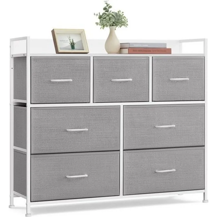 Songmics Kommode mit 7 Stoffschubladen, Holz / Metall taubengrau-wolkenweiß, 98 x 28,5 x 85 (BxTxH) cm